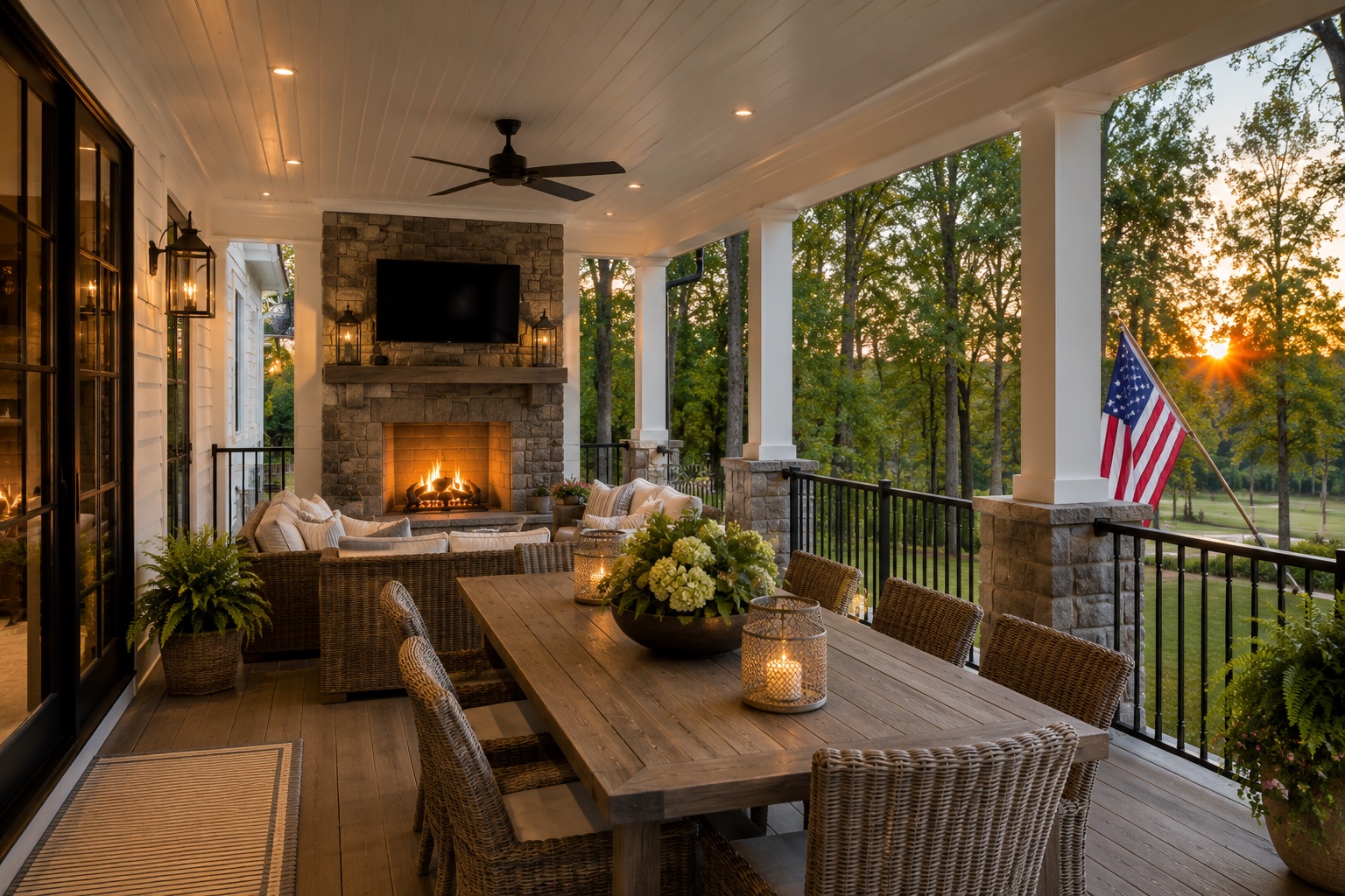 Covered porch with outdoor fireplace and dining area at sunset, Iron Station NC